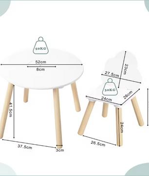 Kindertafel met 2 Stoelen – Wolk Rugleuning en Massief Houten Poten