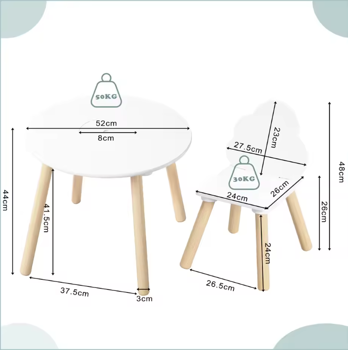 Kindertafel met 2 Stoelen – Wolk Rugleuning en Massief Houten Poten