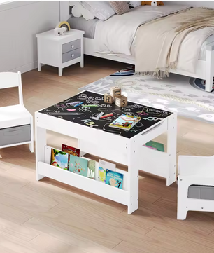 Kindertafel met 2 Stoelen en Opbergruimte – Omkeerbaar Schoolbord
