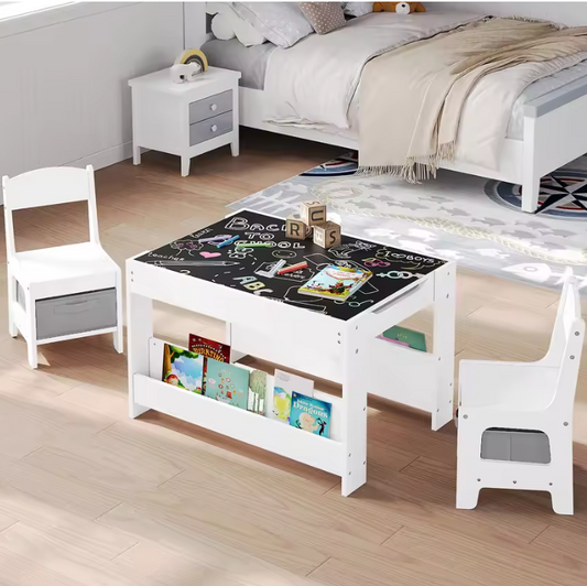 Kindertafel met 2 Stoelen en Opbergruimte – Omkeerbaar Schoolbord