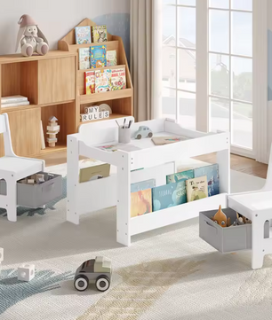 Kindertafel met 2 Stoelen en Opbergruimte – Omkeerbaar Schoolbord