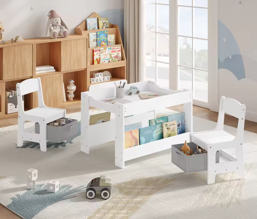 Kindertafel met 2 Stoelen en Opbergruimte – Omkeerbaar Schoolbord