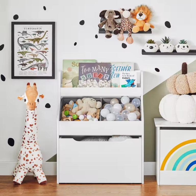 Kinderboekenkast en Speelgoedrek met Opbergboxen en Speelgoedkist – Multifunctioneel Opbergmeubel voor Kinderkamer