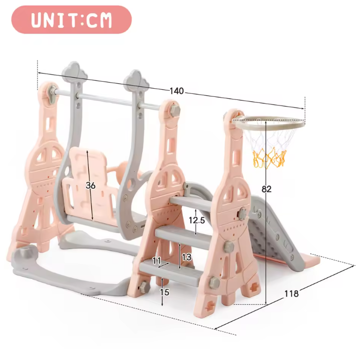 4-in-1 Kinderspeeltuin met Glijbaan, Schommel, Klimladder en Basketbalring