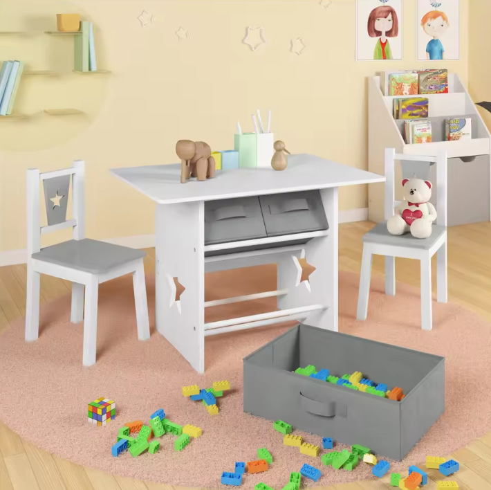 Kindertafel met 2 Stoelen en Opbergruimte – Kindermeubelset voor Leren en Spelen