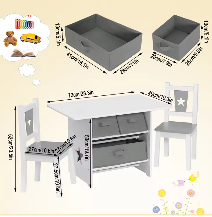 Kindertafel met 2 Stoelen en Opbergruimte – Kindermeubelset voor Leren en Spelen