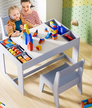 3-in-1 Houten Kindertafel met 2 Stoelen en Opbergruimte