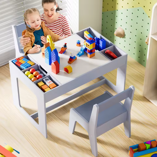 3-in-1 Houten Kindertafel met 2 Stoelen en Opbergruimte