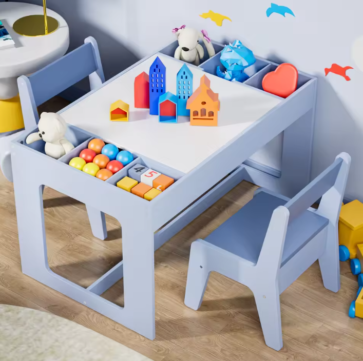 3-in-1 Houten Kindertafel met 2 Stoelen en Opbergruimte