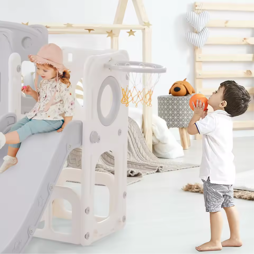 6-in-1 Indoor Speeltoestel met Glijbaan, Basketbal en Opbergruimte