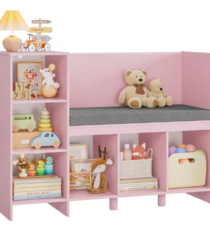 Kinderrek met Bank en Kussen – 110 cm Speelgoedplank met 6 Planken en Opbergruimte voor Kinderkamer