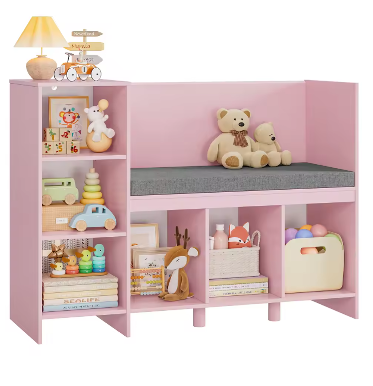 Kinderrek met Bank en Kussen – 110 cm Speelgoedplank met 6 Planken en Opbergruimte voor Kinderkamer