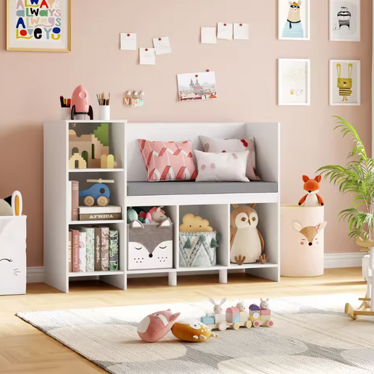 Kinderrek met Bank en Kussen – 110 cm Speelgoedplank met 6 Planken en Opbergruimte voor Kinderkamer