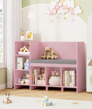 Kinderrek met Bank en Kussen – 110 cm Speelgoedplank met 6 Planken en Opbergruimte voor Kinderkamer