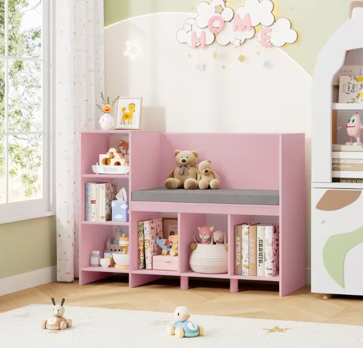 Kinderrek met Bank en Kussen – 110 cm Speelgoedplank met 6 Planken en Opbergruimte voor Kinderkamer