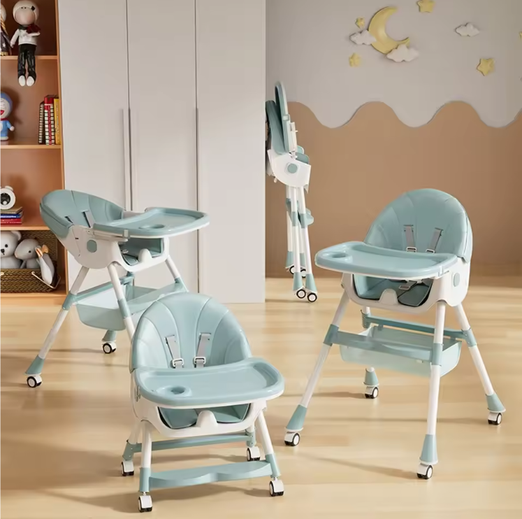 6-in-1 Verstelbare Baby Kinderstoel met Wielen, Ligstand en Dienblad