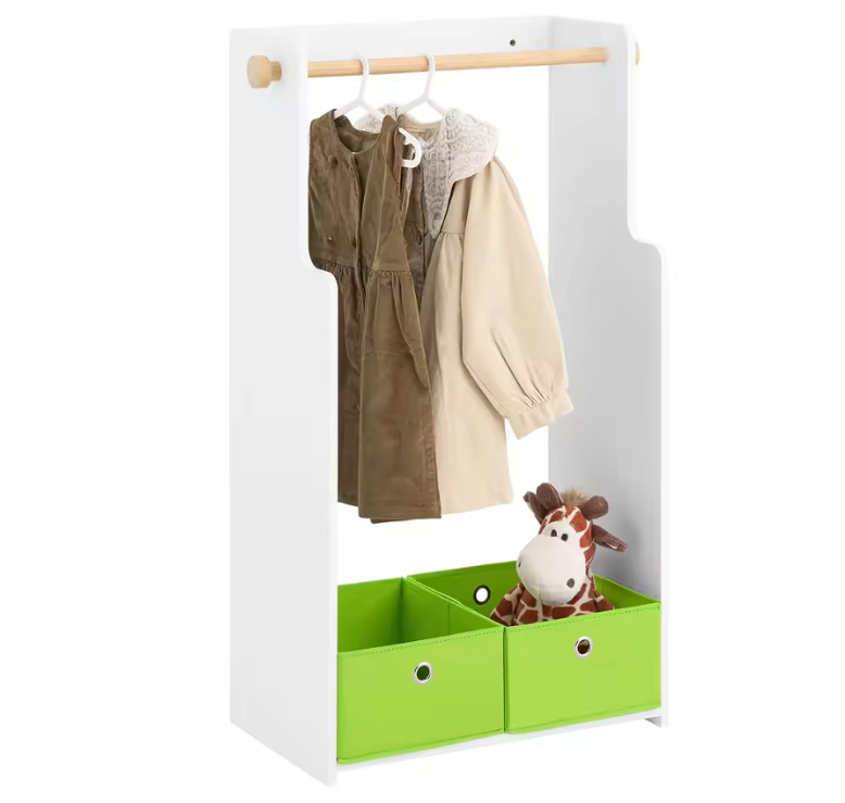Kindergarderobe met Plank, 2 Haken en Opbergdozen – Kinderkamer Kast 110 cm