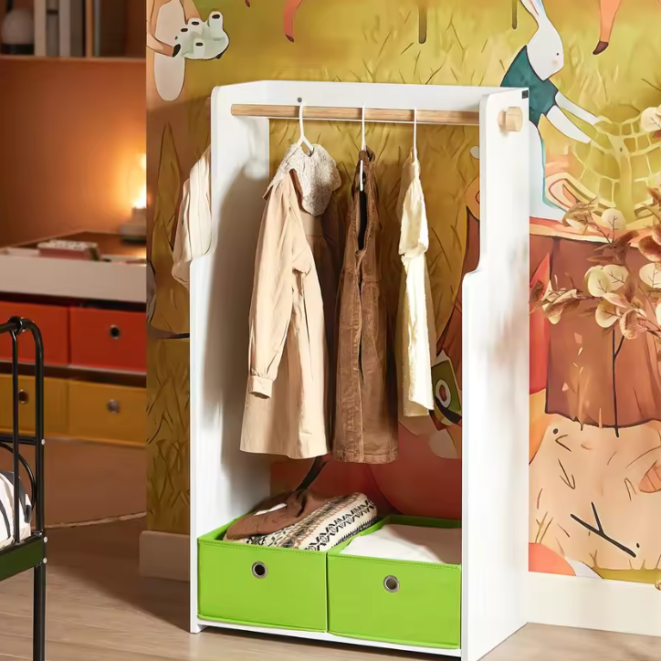 Kindergarderobe met Plank, 2 Haken en Opbergdozen – Kinderkamer Kast 110 cm