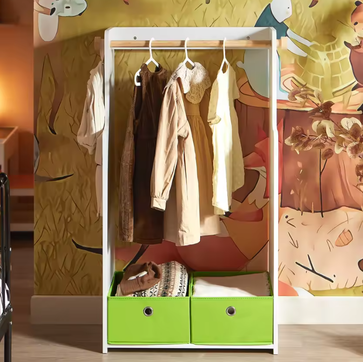 Kindergarderobe met Plank, 2 Haken en Opbergdozen – Kinderkamer Kast 110 cm