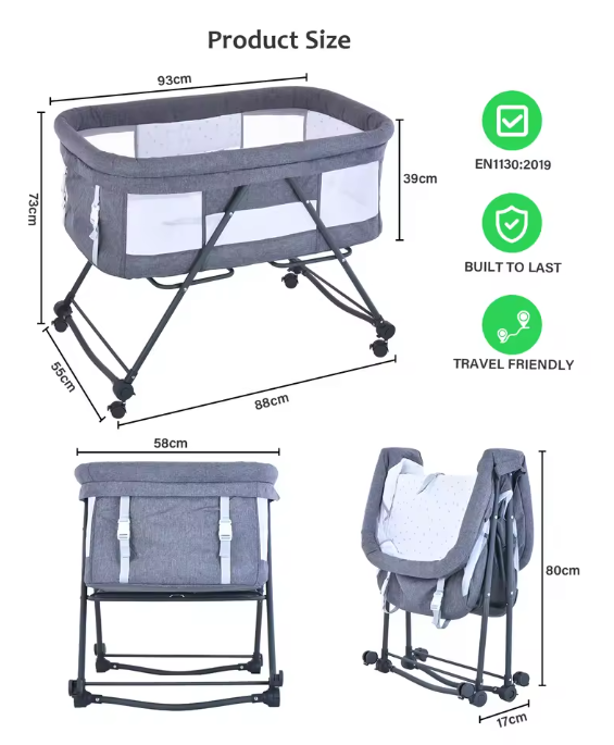 Draagbaar Baby Reisbedje met Matras en Stille Wielen – Opvouwbaar en Schommelbaar