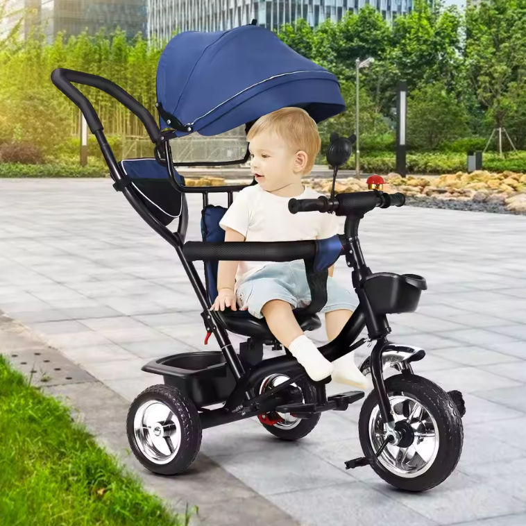 Driewieler met Duwstang en Draaibare Zitting – Met Luifel, Mand en Bekerhouder (9 maanden tot 25 kg)