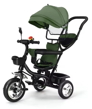 Driewieler met Duwstang en Draaibare Zitting – Met Luifel, Mand en Bekerhouder (9 maanden tot 25 kg)