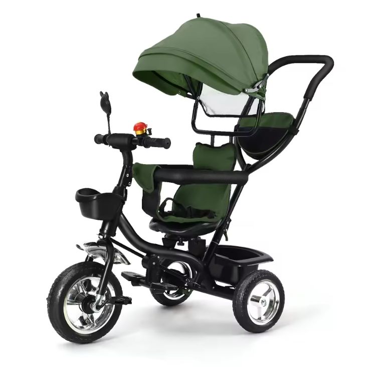 Driewieler met Duwstang en Draaibare Zitting – Met Luifel, Mand en Bekerhouder (9 maanden tot 25 kg)