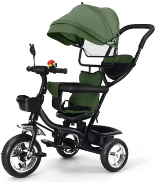 Driewieler met Duwstang en Draaibare Zitting – Met Luifel, Mand en Bekerhouder (9 maanden tot 25 kg)