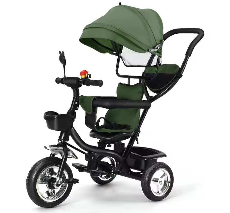 Driewieler met Duwstang en Draaibare Zitting – Met Luifel, Mand en Bekerhouder (9 maanden tot 25 kg)