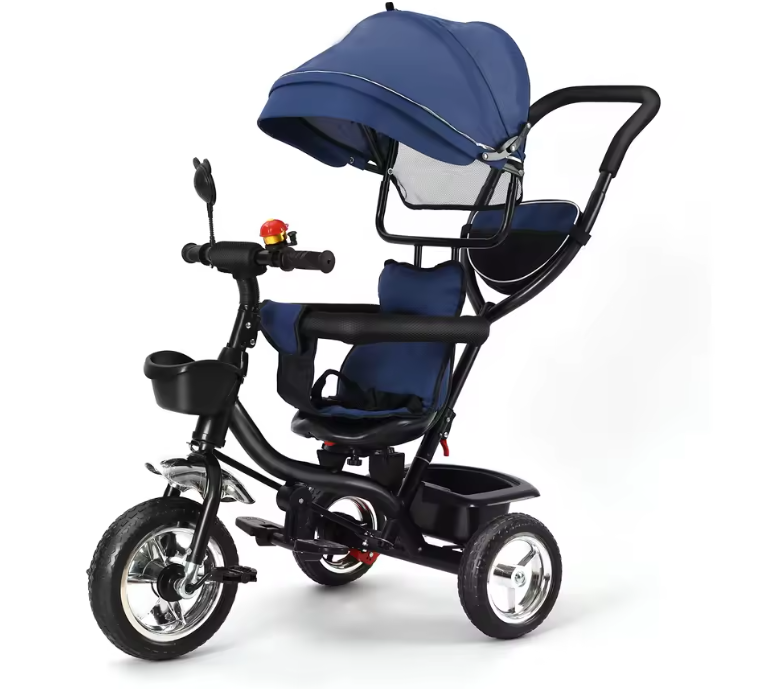 Driewieler met Duwstang en Draaibare Zitting – Met Luifel, Mand en Bekerhouder (9 maanden tot 25 kg)