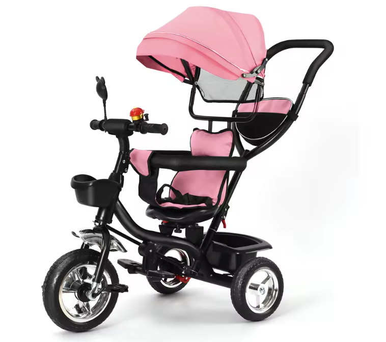 Driewieler met Duwstang en Draaibare Zitting – Met Luifel, Mand en Bekerhouder (9 maanden tot 25 kg)