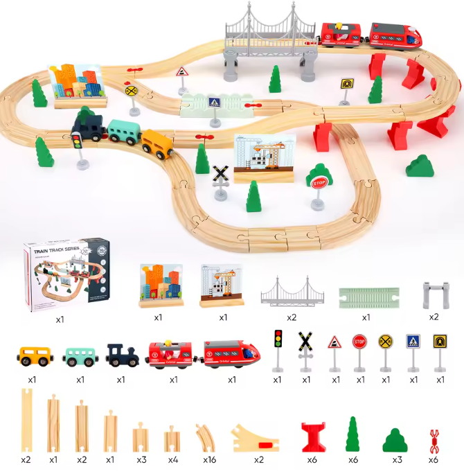 Houten Treinbaan Montessori Set 72 Delig – Educatief Speelgoed voor Kinderen