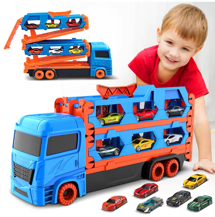 Uitschuifbare Transporttruck met 6 Raceauto’s – Draagbare Speelset voor Kinderen