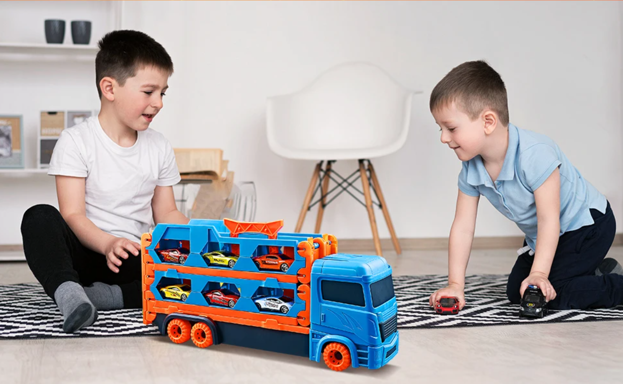 Uitschuifbare Transporttruck met 6 Raceauto’s – Draagbare Speelset voor Kinderen