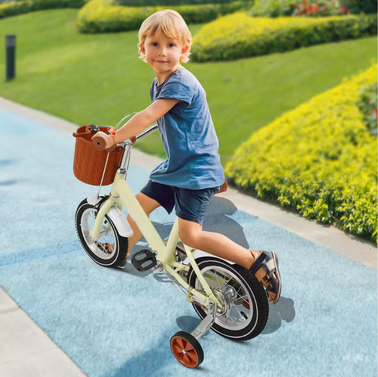 Kinderfiets 12 Inch met Zijwieltjes en Mand – Verstelbaar en Veilig voor 2–4 Jaar