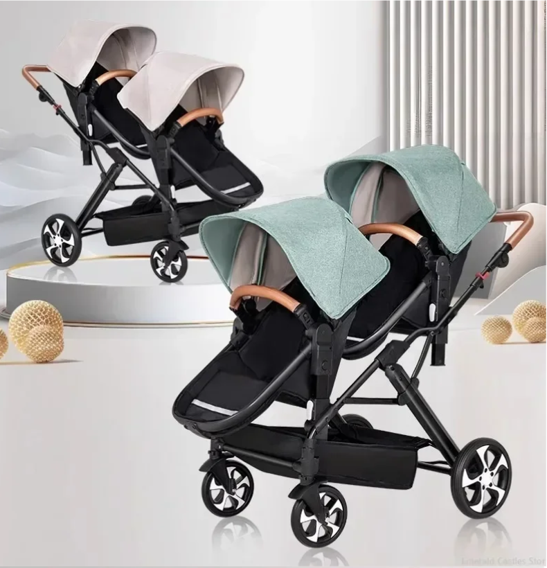 Dubbele Kinderwagen voor Tweelingen – Opvouwbaar, Met Schokdemping en Lig-/Zitfunctie