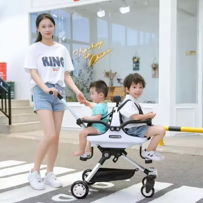 Lichtgewicht Tweeling Kinderwagen – Hoge Zitpositie, Opvouwbaar en Met Parasol