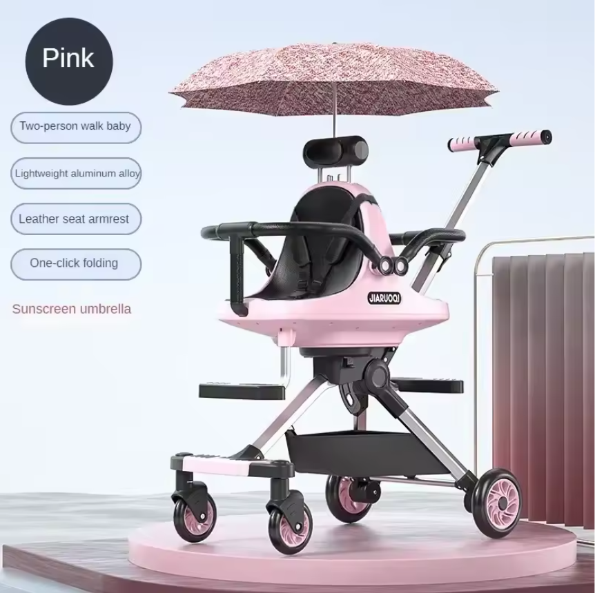 Lichtgewicht Tweeling Kinderwagen – Hoge Zitpositie, Opvouwbaar en Met Parasol