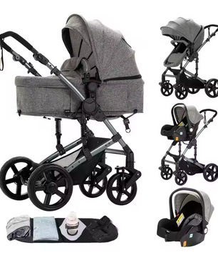 3-in-1 Baby Kinderwagen met Hoge Zit – Opvouwbare Reiswieg en Autostoeloptie
