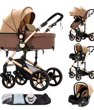 3-in-1 Baby Kinderwagen met Hoge Zit – Opvouwbare Reiswieg en Autostoeloptie