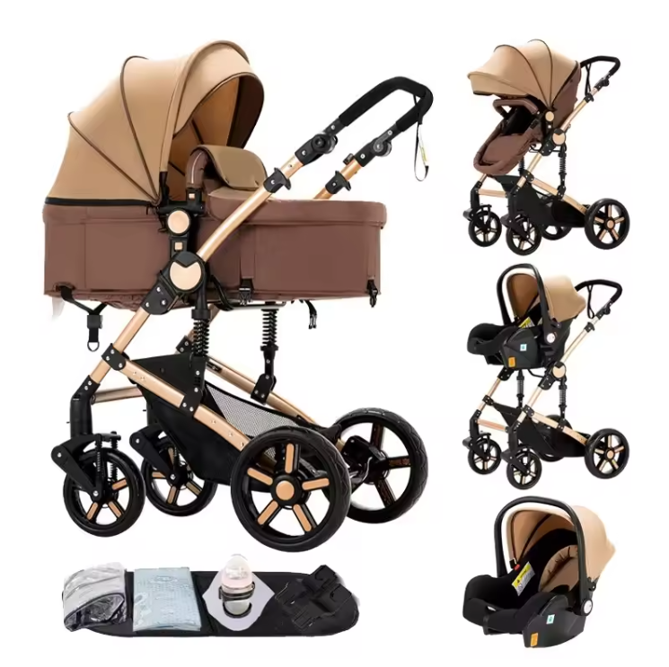 3-in-1 Baby Kinderwagen met Hoge Zit – Opvouwbare Reiswieg en Autostoeloptie