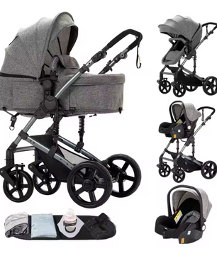 3-in-1 Baby Kinderwagen met Hoge Zit – Opvouwbare Reiswieg en Autostoeloptie