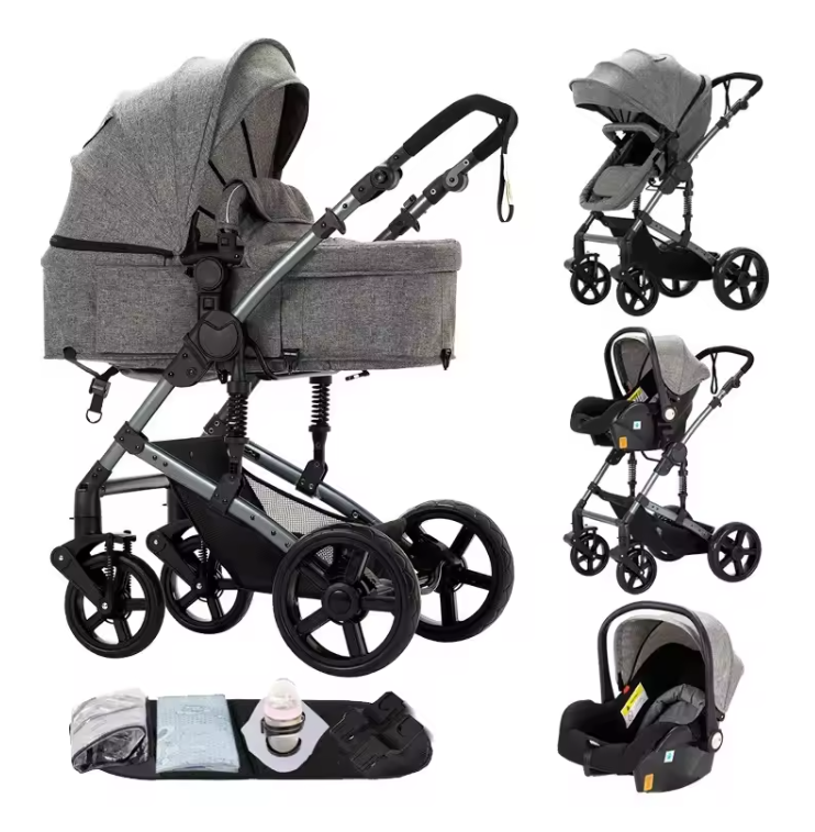 3-in-1 Baby Kinderwagen met Hoge Zit – Opvouwbare Reiswieg en Autostoeloptie