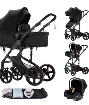 3-in-1 Baby Kinderwagen met Hoge Zit – Opvouwbare Reiswieg en Autostoeloptie