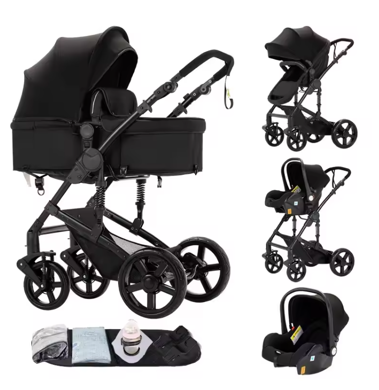 3-in-1 Baby Kinderwagen met Hoge Zit – Opvouwbare Reiswieg en Autostoeloptie