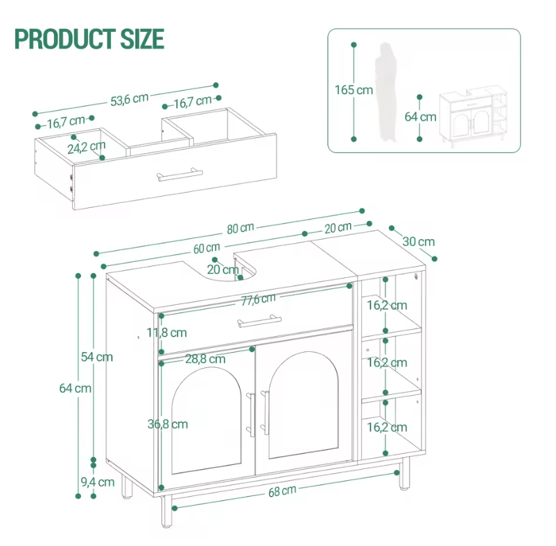 Badkamermeubel met Wastafel – Met Lade, Kastdeuren en Open Vakken
