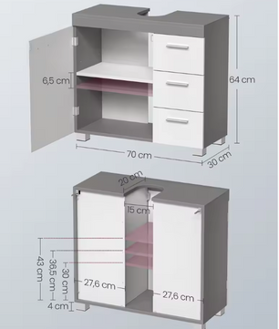 Wastafel Onderkast met Poten – 3 Lades en Verstelbare Plank