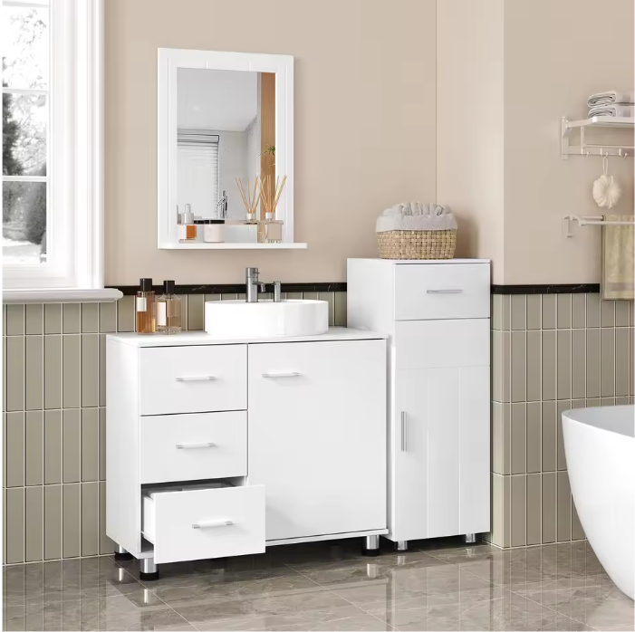 Vrijstaand Badkamermeubel met Wastafelonderkast – 3 Lades en Verstelbare Plank