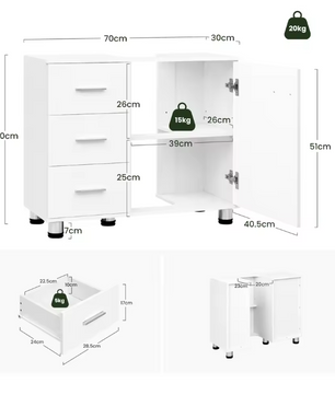 Vrijstaand Badkamermeubel met Wastafelonderkast – 3 Lades en Verstelbare Plank