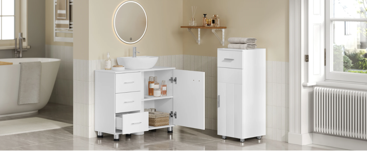 Vrijstaand Badkamermeubel met Wastafelonderkast – 3 Lades en Verstelbare Plank